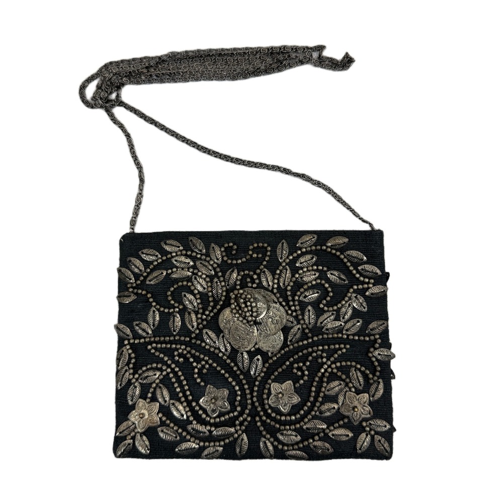 Moyna Bag Womens Small Black Silver Beaded Floral Silk Crossbody Evening Clutch